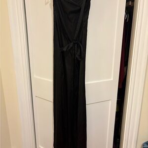 Commense Black Satin Wrap Dress with Self-Tie Waist